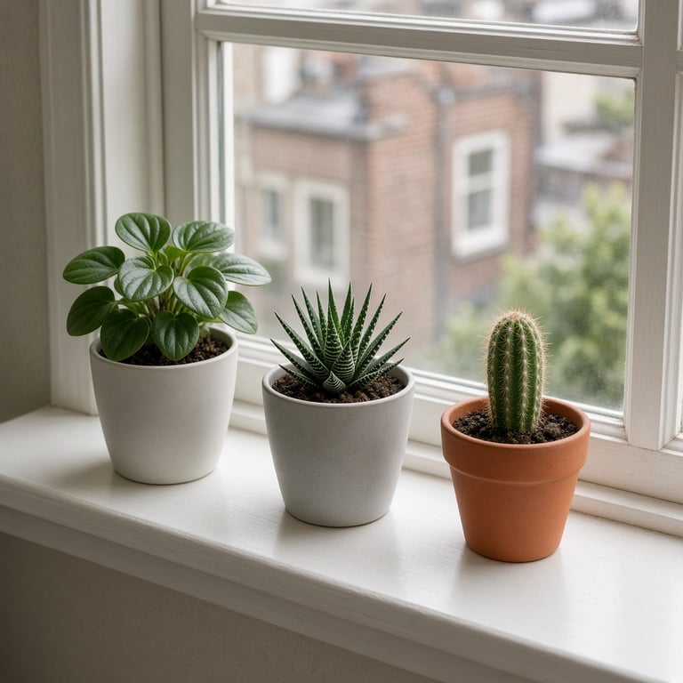 Een kleine verzameling compacte kamerplanten op een smalle vensterbank