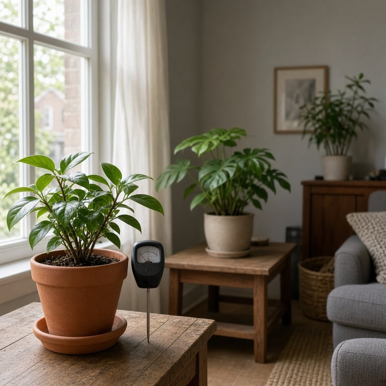 Kamerplanten op verschillende plekken bij een raam in een Nederlandse woonkamer