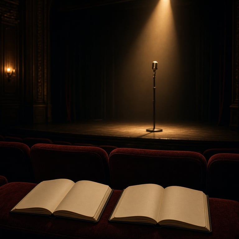 Een lege theaterzaal met een microfoon onder een warme spot en notitieblokken op de eerste rij