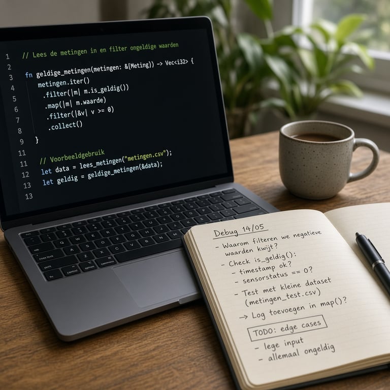 Een Nederlandse thuiswerkplek met Rust-code op een laptop en een notitieboek met programmeertips