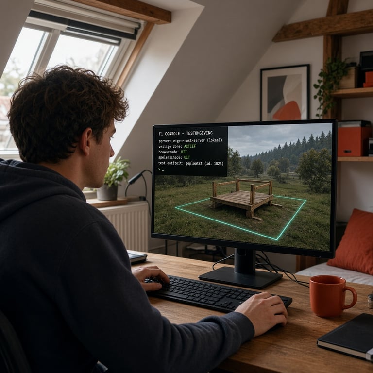 Een Rust-speler bij een zelfbeheerde server met een F1-console en een veilige testomgeving op het scherm